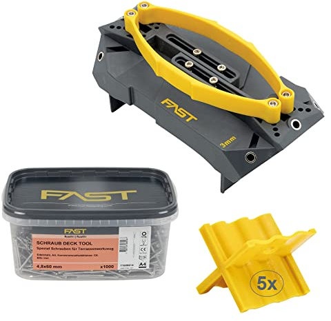 FAST deck-tool™ I Terrassen-Montage-Tool I unsichtbare Schrauben I PROFI Montage-Hilfe I schnelle, präzise Terrassenmontage I Heim- & Handwerker I inkl. 5 SPACER + 1000 Terrassenschrauben A4 / 4,8x60