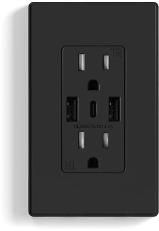 ELEGRP Prises murales USB, prises murales USB C à 3 ports, prises de 15 A noir mat avec ports USB, prises USB TR, inviolables, plaque murale sans vis incluse, homologuées UL et CUL, 1 lot