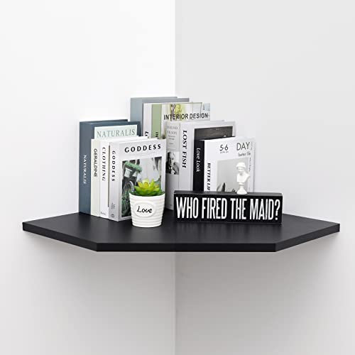 JOLLYMER 50,8 cm schwarzes schwebendes Eckregal, Pentagon Eckwandregal mit Drahtkabelloch für Schlafzimmer, Wohnzimmer, Badezimmer, großes Display-Regal für Kabelboxen/Spielekonsolen/TV-Zubehör
