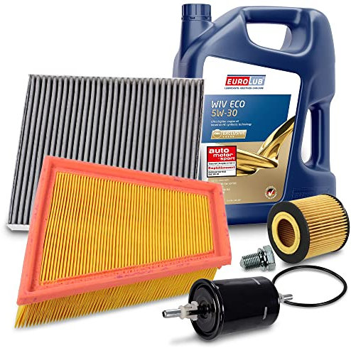 BESTPRICE Inspektionspaket Filterset mit 1x Ölfilter, 1x Kraftstofffilter, 1x Luftfilter, 1x Innenraumfilter (Aktivkohle), 1x Motoröl 5W-30 5 l, Kompatibel mit VW FOX (5Z1, 5Z3, 5Z4), POLO (9N_ 9A_)