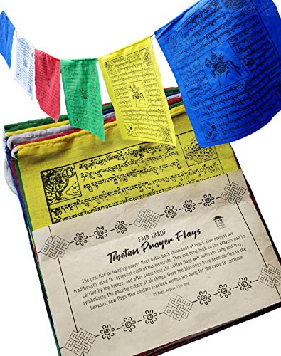 Bandiere tibetane di preghiera in cotone, commercio equo e solidale, 25 bandiere, lunghezza totale 5,5 metri