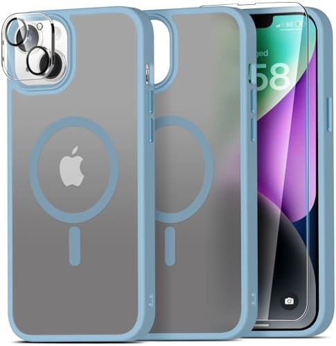 Mootobo 5 in 1 Magnetic for iPhone 14 Case/iPhone 13 case, Built-in 2 Screen Protector + 2 Camera Protector, Support MagSafe Accessories Military-Grade Protection Case - Blue