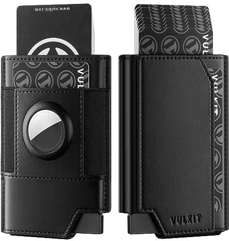 VULKIT Porte-Cartes de Crédit AirTag Wallet avec Support AirTag, RFID Blocking Pop Up Card Wallet Leather Smart Bank Card Holder