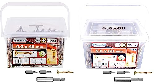 Connex Universalschrauben 4,0 x 40 mm - 455 Stück im Set - B30173 & Universalschrauben 5,0 x 60 mm - 195 Stück im Set - Senkkopf - TX-Antrieb - Teilgewinde - Gelb verzinkt - B30175