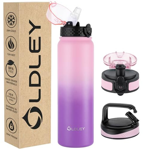 OLDLEY Stainless Steel Water Bottle with Straw 1L Vaccum Insulated Large Drink Flask Metal Water Bottles 1 litre Leakproof Keep Drinks Hot Cold for Sports Gym with Different Lids(Pink Purple, 3 Lids)