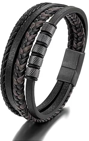 JSNOM Armband Herren Lederarmband Geschenke: Geflochten Leder Weihnachten Vatertag Valentinstag Geburtstagsgeschenk Liebesgeschenke Schmuck Geschenk für Freund Ehemann Papa Männer (19CM, Schwarz)