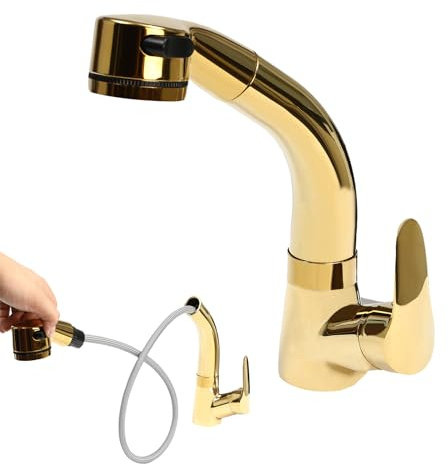 Wasserhahn Bad Armatur Waschtischarmaturen mit Ausziehbar Brause, Messing Einhebelmischer Badarmatur 2 Strahlarten Mischbatterie für Aufsatzwaschbecken Warm Kalt Mischbatterie, Gold