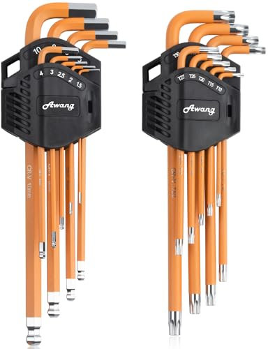 Awang 18 PCS Clés Allen Clés Hexagonales 1,5-10mm et Cles Torx T10-T50 Jeu de clés hex et Torx Clés Hex Clef Torx en Acier au Chrome-Vanadium pour Réparation de Vélos