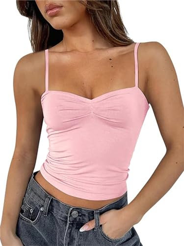 FOFAINWE Damen ärmelloses herzförmiger Ausschnitt Crop Tank Tops rückenfrei Spaghettiträger Plissee Bustier Y2K Camis Ausgehen Top(Rosa,L)