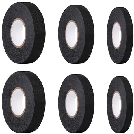 Keboyoe 6 Stück Gewebeband Schwarz KFZ Klebeband Kabelbaum 9/15/19mm*15m Schwarz Isolierband Gewebeband, Filzband Kabelbäume Elektriker Klebeband für Kabelbäume Auto Motorrad