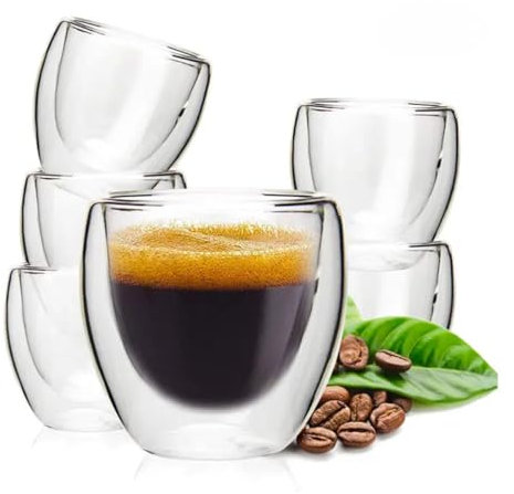 Marindo Juego de 6 Tazas de Espresso Doble Pared de 80 ml | Vasos de café expreso y Tazas de Moca de Vidrio de borosilicato | Vasos térmicos Resistentes al Calor con Efecto Flotante | Vasos de pos