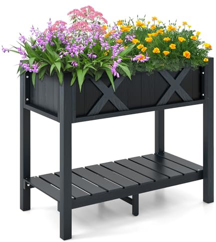 HOMASIS Hochbeet mit Beinen, Regal, Drainagelöcher, wetterfestes Hipsmaterial, Wachstumsbett für Blumen, Gemüse, Obst, drinnen und draußen, 86 x 45 x 73 cm, Schwarz