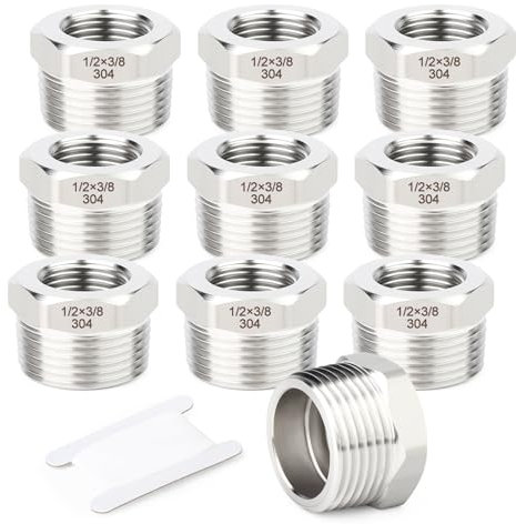 TAISHER 10PCS 304 Stainless Steel New Reducer Hex Bushing Pipe Connector, 1/2'' NPT Male x 3/8'' NPT Female, Reducing Pipe Adapter Fitting