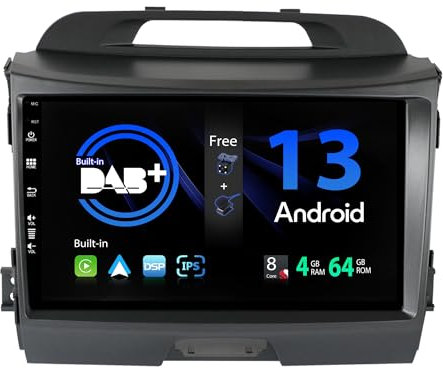 SXAUTO 『Built-in DAB』 Android 14 IPS Autoradio Per Kia Sportage (2010-2015) - Senza fili CarPlay/Android Auto - 4G+64G - LED Camera + MIC - Fast-boot Volante 360-CAM - 2 Din 9 Pollici