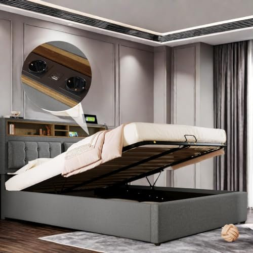 Letto Matrimoniale con contenitore 160 x 200 cm con presa USB C, funzione di ricarica, letto imbottito on spazio di archiviazione, letto matrimoniale con rete a doghe, Testiera Regolabile, Grigio
