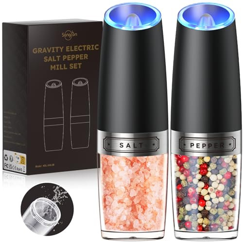 Sangcon Gravedad Molinillo Eléctrico de Pimienta y Sal Set, Funcionamiento con una sola mano sin esfuerzo, con luz LED, Grosor Ajustable, 6 Oz capacidad, Funciona con pilas AAA, pack de 2(Negro)