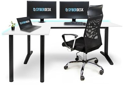 SyberDesk V2 LED Gaming Eckschreibtisch, 197 x 132 cm, L-förmiger RGB-Spieltisch, USB-HUB, Kabelmanagement, L-förmiger Computertisch (links, Weiß)