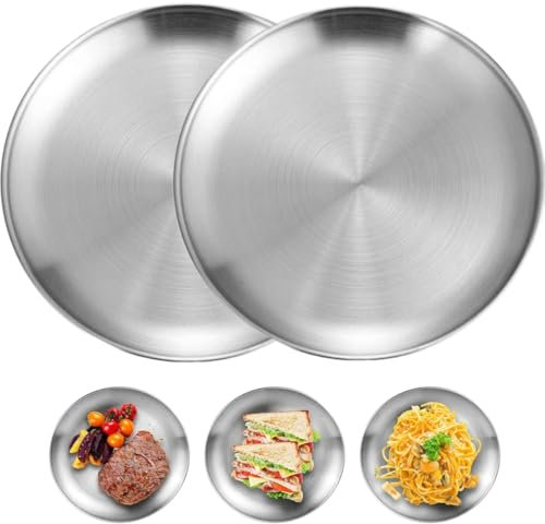 SHSHbuy 2 Stück Edelstahl Rundes Geschirr Edelstahl Teller Camping Teller Unterteller Edelstahlteller Servierteller für Camping Küche Party 20 cm