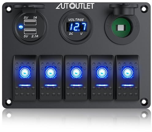 AUTOUTLET 5 Gang Pannello Interruttore a Bilanciere,12V/24V,Impermeabile IP66,Doppia Porta di Ricarica USB,Pannello per Interruttore a Levetta con Adesivo Luminoso Notturno,per Auto,Camion