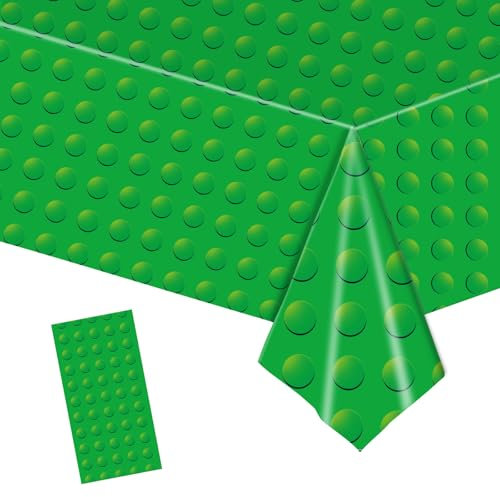 MORAINJAY Nappe Verte Vaisselle Anniversaire à Thème Blocs de Construction,137x274cm Nappe en Plastique Réutilisable,Imperméable,Idéal pour Cadeau d'enfant,Baby Shower,Table Décoration Fête Créative