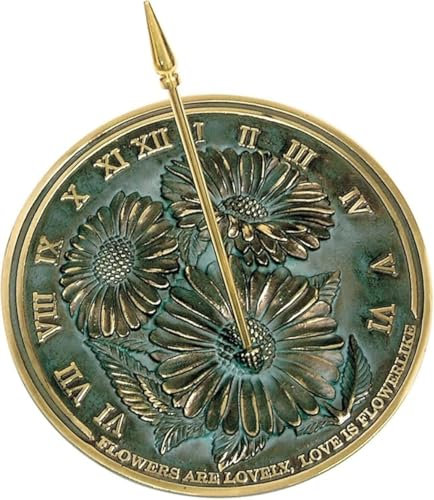 ANTIQUEMEDIEVAL Sonnenuhr aus massivem Messing mit Grünspan-Highlights, 25,4 cm Durchmesser