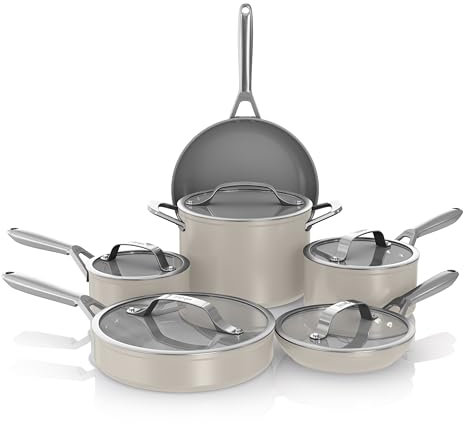 Ninja NeverStick Ceramic Pro 11-Piece Cookware Set, Non-Stick Pots and Pans, Glass Lids, Ceramic Coated, Stainless Steel, Stove to Oven Safe, All Stovetops, Induction Compatible, Stone, CW39011ST