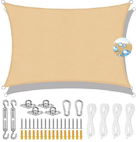 Voile d'ombrage rectangulaire imperméable 95 % polyester PES pour jardin, cour, plage, piscine, terrasse, balcon avec corde gratuite (beige) 6 x 6,5 m
