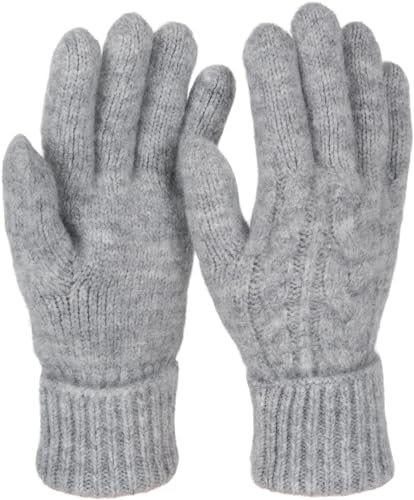 styleBREAKER Damen Strickhandschuhe mit Zopfstrickmuster, warme Winter Fingerhandschuhe, vielseitige Farben 09010051, Farbe:Hellgrau meliert