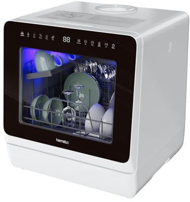 Hermitlux Countertop Dishwasher, 7 Washing Programs Portable Mini Dishwasher with 5-Liter Built-in Water Tank for Apartments & RVs, LED Light, Glass Door, No Hookup Needed