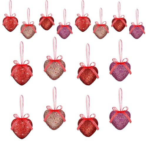 16 PCS Valentine's Day Heart Ornaments Heart Shaped Baubles Romantic Glitter Hanging Decorations for Valentine's Day Wedding Anniversary