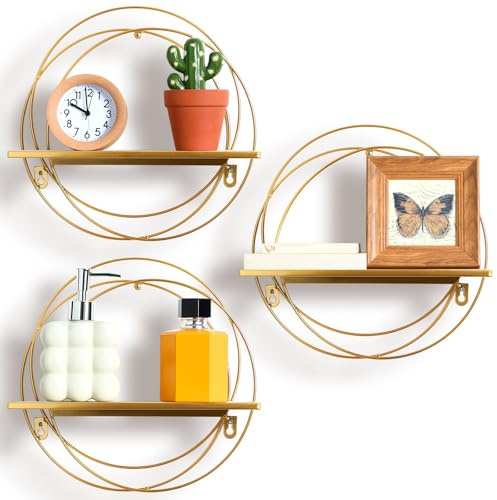 Yaocom 3 Stück goldene schwebende Regale, Wandmontage, Hängeregal mit goldenem Metalldraht und Holz, faltbares rundes Regal, Wanddekoration für Aufbewahrung, Schlafzimmer, Badezimmer, Wohnzimmer,