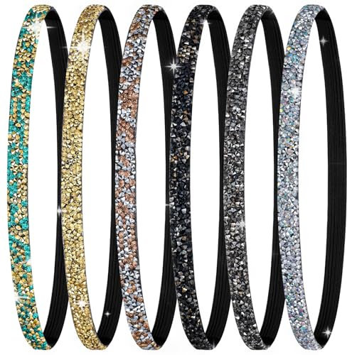 Yuanchu Lot de 6 bandeaux à paillettes, élastiques, avec strass, pour femme, bandeau à paillettes, réglable, en cristal, pour filles et femmes, décoration quotidienne, sport