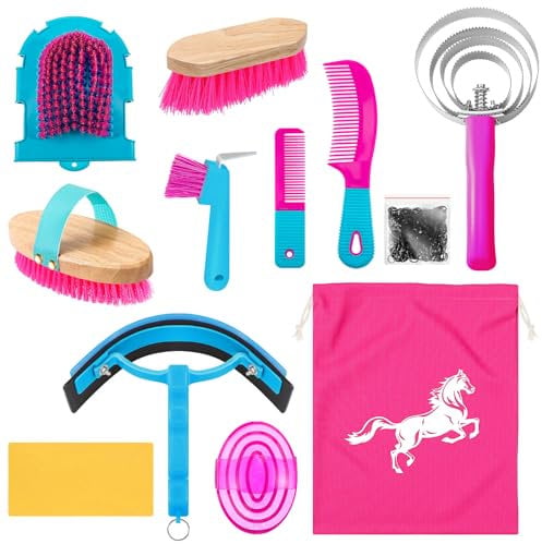 Abbylike 12 Pieces Horse Grooming Kit Racing Festival Tack Room Supplies Horse Brush Sets Equine Care Cleaning Kit Shedding Grooming Massaging Tools(Rose Red)