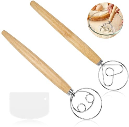 NVGVUP 2 Stück Dänischer Teigbesen, Dänische Teig Schneebesen Edelstahl mit Doppellöchern zum schnellen Mischen, 33 cm Eierschläger, Dänischer Schneebesen mit langem Holzgriff, ideal zum Kochen Backen