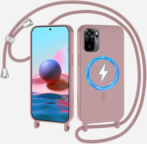 SLWYF Magnetische Handykette für Xiaomi Redmi Note 10 4G/Note 10S Hülle mit Band, Handyhülle Kompatibel mit MagSafe, Silikon Necklace Handyhülle mit Abnehmbar Kordel zum Umhängen Case - Sandpulver