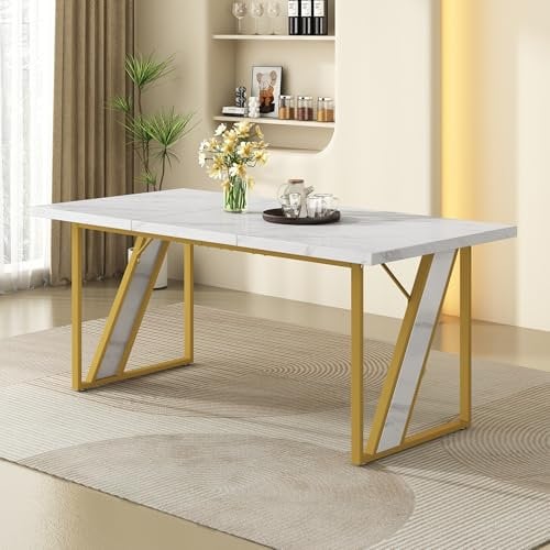 Merax Table à Manger 160 x 80 cm Effet marbre – Table rectangulaire Blanche pour 4 Personnes, Plateau en MDF Robuste, Pieds en métal réglables, idéale pour Cuisine et Salle à Manger