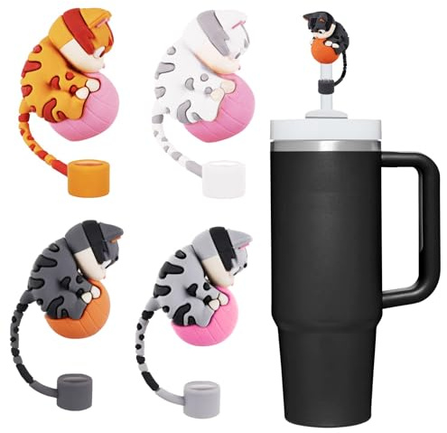 4 PCS Cute Cat Straw Toppers, Straw Covers Cap For Stanley Cup 30 40 Oz, Funny Tumbler Stanley Cup Accessories Set (4PCS Cat)