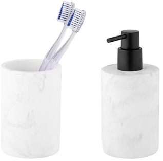 Schöner Wohnen Kollektion Bad-Accessoire Set Mod. Balatro 2-teilig Seifenspender nachfüllbar Zahnbürstenhalter aus Diatomit in Weiß Maße 8 x 16 x 7,5 cm Ø 8 x 10,5 cm