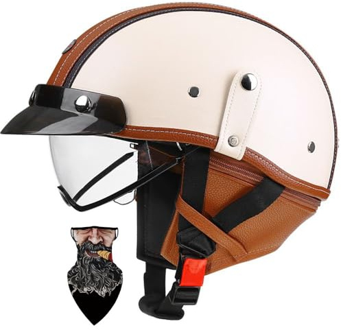 HALYING Casco Moto retrò Vintage, Casco Scodella Semi Integrale con Visiera, Casco Aperto Jet in ABS, Certificato ECE, per Motocicletta, Scooter e Bici Elettrica per Uomo e Donna