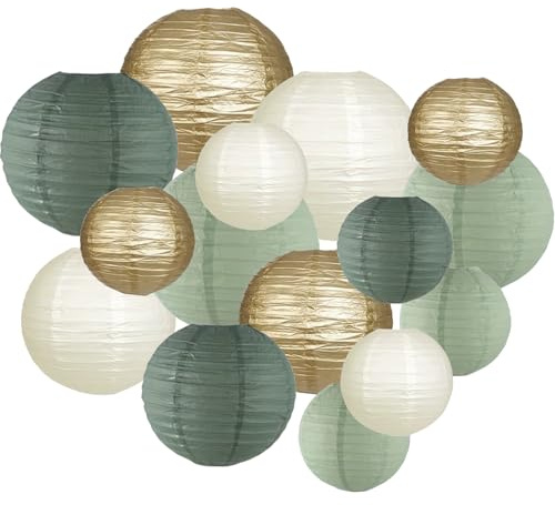 Pyuyan 15 Piezas Linterna de Papel Redonda, Linternas de Papel Colgantes, Farolillos de Papel Decorativos, Farol de Papel Verde Salvia, para Bodas, Cumpleaños, Decoraciones de Fiestas de Jardín