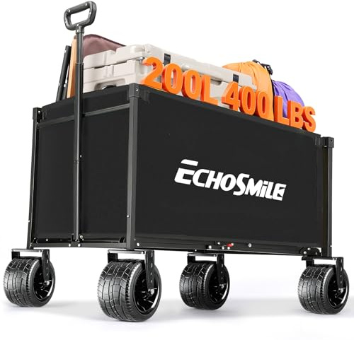 EchoSmile Bollerwagen Faltbar 200L 180KG Belastbar, Handwagen Transportwagen Klappbar mit Verstellbarem Griff, Breite Räder All-Terrain Strandwagen Gartenwagen Einkaufswagen, Schwarz