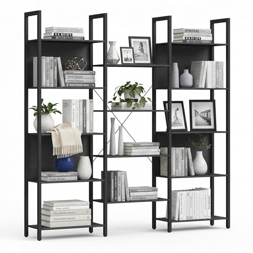 Relaxdays Bücherregal, 14 Ablagen, Holzoptik & Metall, Standregal Wohnzimmer, HBT: 166 x 158 x 24 cm, Buchregal, schwarz