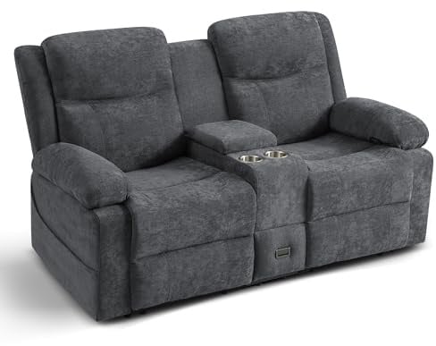 Consofa 2er Kinosessel Relaxsessel mit Liegefunktion,2 Sitzer Manuell Fernsehsessel Verstellbar, TV Sessel mit Konsole,Zweisitzer Sofa Kinosessel mit Steckdose,Schublade Becherhaltern(Grau, 175 cm)