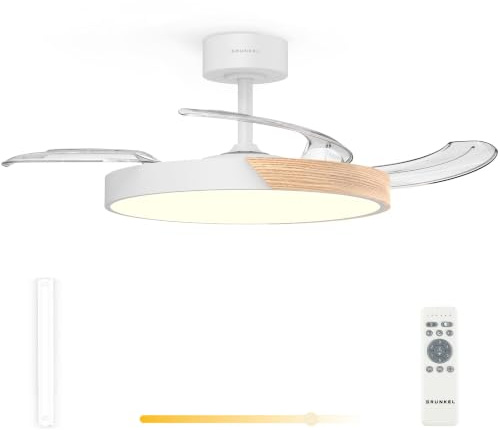 Grunkel Ventilador de Techo 42” | Motor DC 30W | Aspas Retráctiles | Luz LED 24W | 6 Velocidades | Rotación Inversa | Mando a Distancia | (Blanco/Madera)