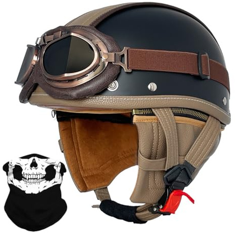 Vintage Deutsche Motorrad Halbhelme mit ECE Genehmigt, Leder Offenem Helm Jet-Helm mit Schutzbrille, Bike Cruiser Chopper Moped Scooter Roller Helm Brain-Cap für Männer Und Frauen