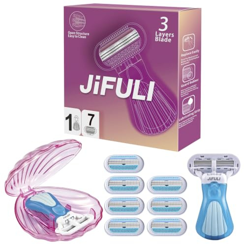 JiFULI Rasierer Damen, kompakter Kurzgriff, 7 Ersatzköpfe, muschelförmige Box, ideal für Reisen,Rasierer Damen Intimbereich Intim Frau Intimzone Intimrasierer Für Frauen (Blau)