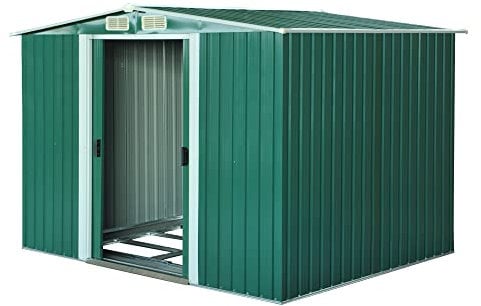 Outsunny Caseta de Jardín Exterior 258x206x178 cm 5,3m² Cobertizo de Jardín Exterior con Base Puertas Correderas y Ventilaciones para Almacenamiento de Herramientas Jardinería Verde