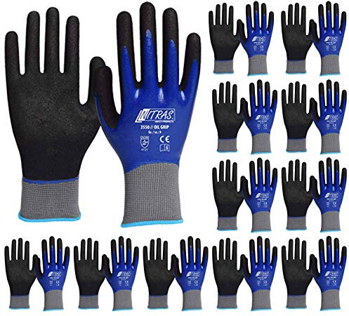 NITRAS 3550 Oil Grip - Nitrilhandschuhe vollbeschichtet, Nylonhandschuhe im Set - VPE 12 Paar, Größe:9