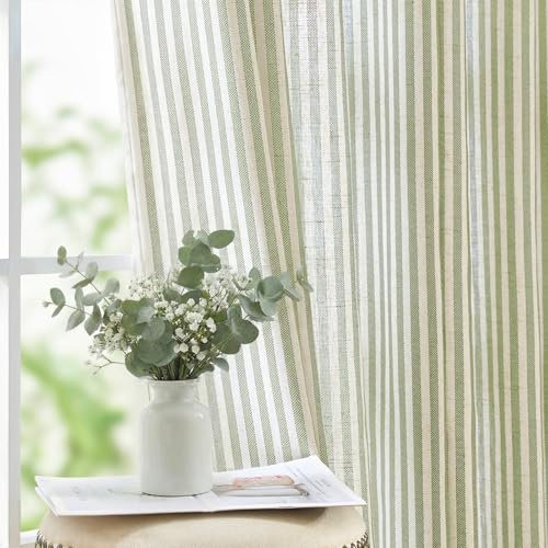 jinchan Linen Curtains for Living Room Sage Green on Beige Striped Curtains for Bedroom Ticking Stripe Pattern Light Filtering Farmhouse Cottage Core Rustic grommet Window Treatment 2 Panels 84 inches