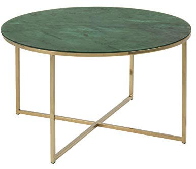 AC Design Furniture Antje Couchtisch Rund aus Glass mit Marmoroptik in Grün mit Gekreutzem Metallsockel in Gold, Ø: 80 x H: 45 cm, Wohnzimmertisch Grün und Gold, Sofatisch für das Wohnzimmer